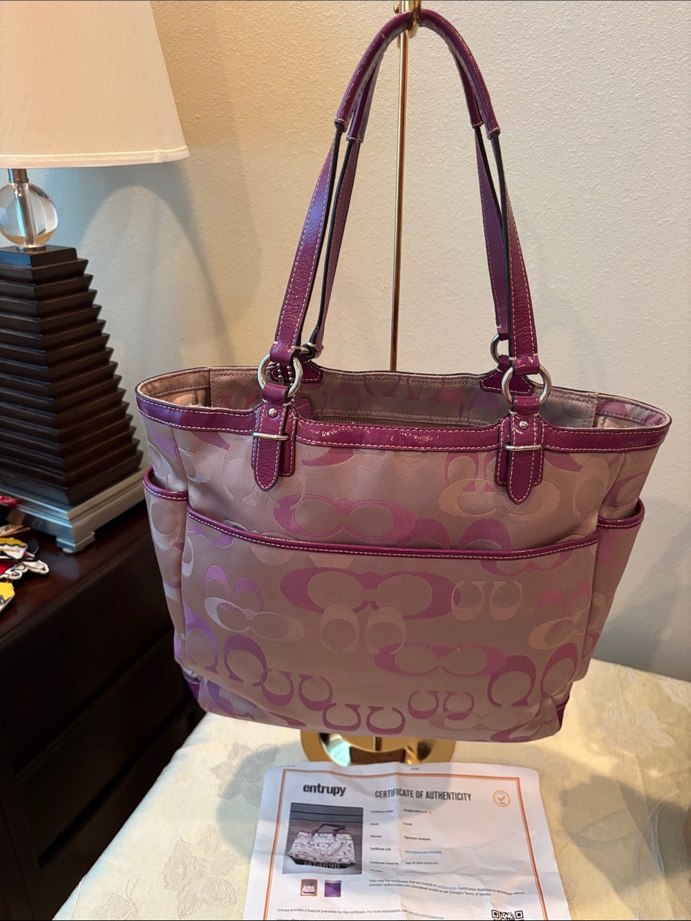 Coach Signature Tote in Pink and Magenta Trim